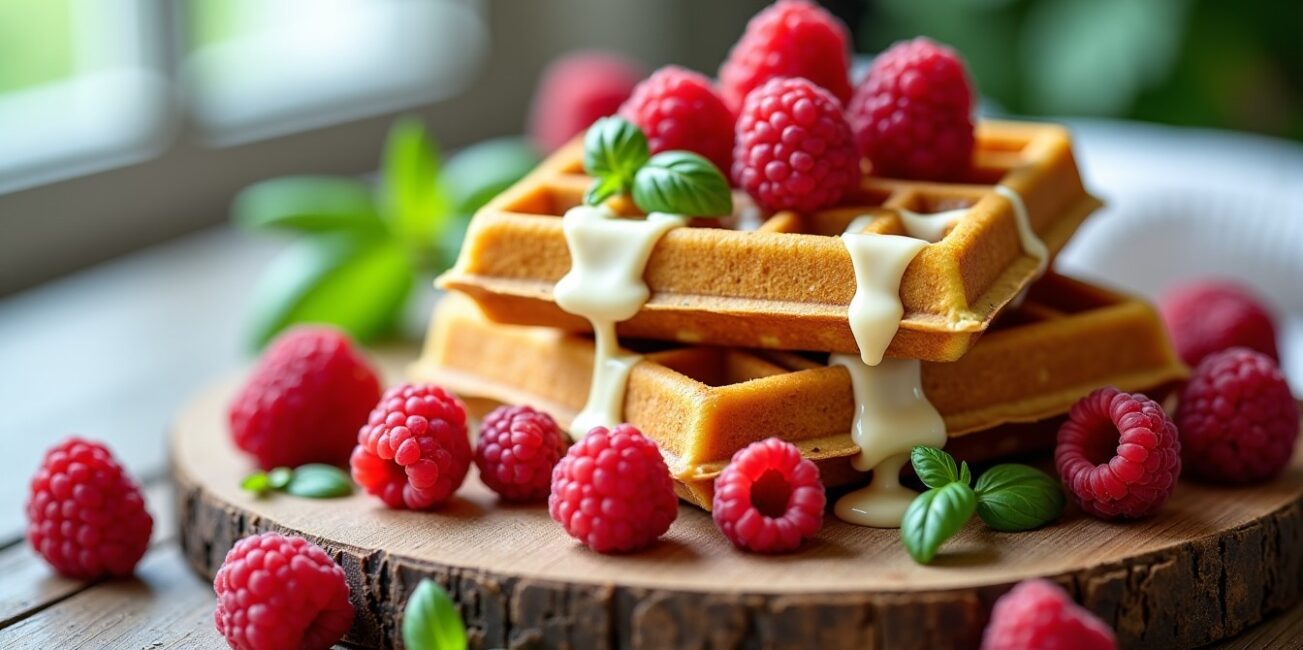 Gaufres faciles au chocolat blanc, framboises et basilic : une alliance gourmande et fraîche
