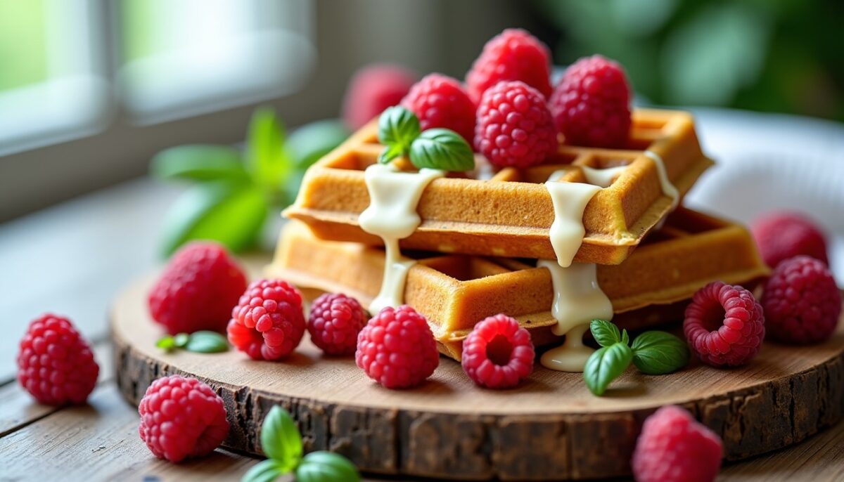 Gaufres faciles au chocolat blanc, framboises et basilic : une alliance gourmande et fraîche